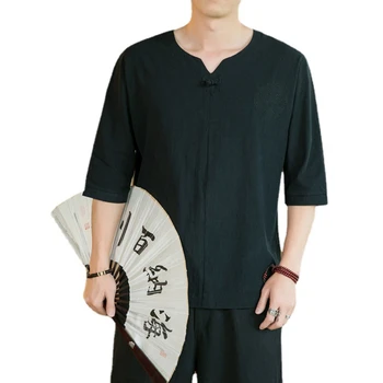 Čínsky Štýl T-shirt pánske Bežné Retro Pracky Voľné Jednoduché Rukáv Sedem-bod Rukáv Bavlnená posteľná Bielizeň Tričko Mužov Obrázok