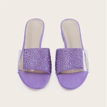 Nové Kolo Prst Sandál Papuče Ženy Vonkajšie Nosenie Crystal Nízke Námestie Päty Topánky Stručné Bling Zapatos Para Mujeres Obrázok