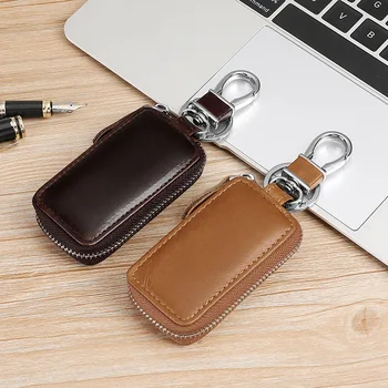 Minimalistický Originálny Kožený Retro pánske Pás-visí Kľúč, Taška na Zips Mini Krátke Keychain Peňaženky Auto Domov Kľúč na Ochranu Rukáv Obrázok