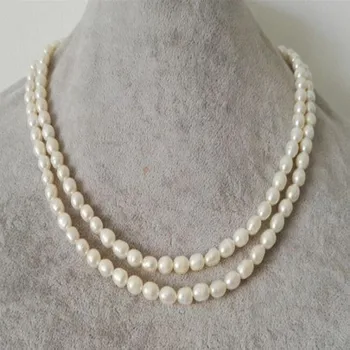 Ručne viazané náhrdelník prírodné 5-6 mm dvojité vrstva biela usadenina ryža perlový náhrdelník 2 riadky choker 17-18-palcové Obrázok