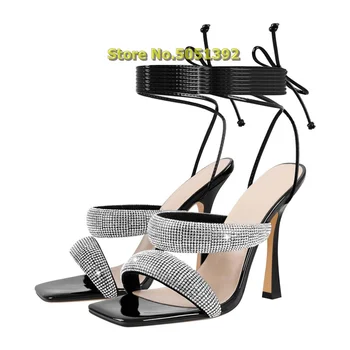 2023 Štvorcové Prst Crystal Sandále Tenké Vysokým Podpätkom Čipky Striebro Drahokamu Popruh Stiletto Vysokým Podpätkom Módne Ženy Letné Topánky Obrázok