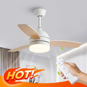 Biele drevené leaf ventilátor svetlo Škandinávskych obývacia izba, jedáleň, spálňa elektrický ventilátor svetlo diaľkové ovládanie stropný ventilátor svetlo Obrázok