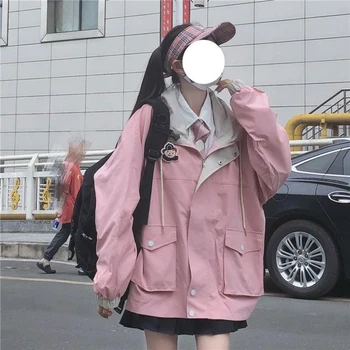 2023 Kórejský Farby Zodpovedajúce Zimné Oblečenie Japonský Kawaii Zips Ružová Žena Bunda Voľné Roztomilý Žena Topy Kabát Manteau Femme Obrázok