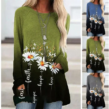 Letné Ženy T-shirt Malé Daisy Kvetinový Vzor, Tlač Dlhý Rukáv Bežné Víkend Kvet Maľba okolo Krku Plus Veľkosť Obrázok