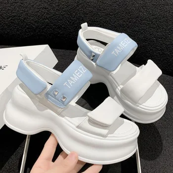 Nové Letné Ženy Platformu Sandále 7 CM Kliny Kožené Papuče Módne Hrubé Dno Sandále Žena Mimo Bežné Pláži Flip Flops Obrázok