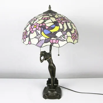 LongHuiJing Starožitné Vitráže Vták Art Decor Luxusné Krásne Veľké Spálne Tiffany Posteli Stolové Lampy S Meďou Base Obrázok