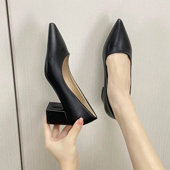 Ženy, Nový Kórejský Štýl Poukázal Plytké Úst Silné Päty Módne Topánky Sapatos De Mujer Slip-Na Námestí Päty Dámske Topánky 2023 Obrázok