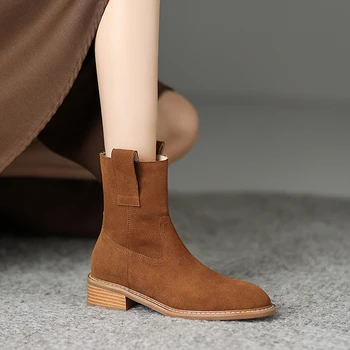 2023 nové jeseň zima ženy členková obuv prírodná koža 22-25 cm krava semiš+bravčovej plný moderné kožené topánky západnej topánky Obrázok