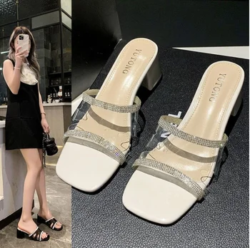Dámske papuče módne transparentné flash vysoké podpätky 2023 námestie hlavu sandále letná party papuče veľkoobchod Obrázok