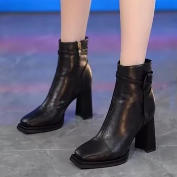 2023 Ženy Vysoké Podpätky Chelsea Boots Robustný Zimná Členková Obuv Módne Štvorcové Prst Gladiator Čerpadlá Goth Nové Zips Mujer Zapatos Obrázok
