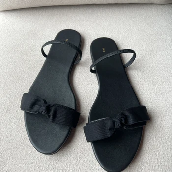 Hodváb Retro Čela Dizajn Plochý Sandále Ženy, Otvorené Prst Slingback Pure Black Elegantné Sandále Luxusné Letné Žena Topánky 2023 Obrázok