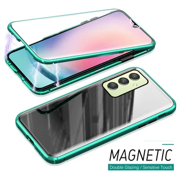 360° Magnetické Flip Dvojité Bočné ochranný Kryt Pre Samsung Galaxy A24 A14 4G A34 54 5G Prípade Predné+Zadné Sklo, Kovový Rám Fundas Obrázok