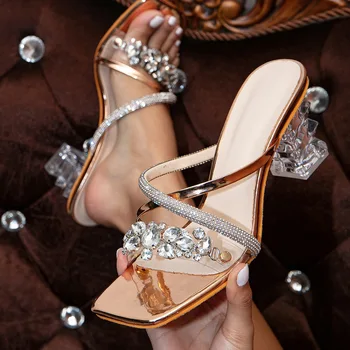 Lesklé Zlaté dámske Sandále v Lete Roku 2023 Crystal Vysoké Podpätky Strany Topánky Žena Pohodlné Hrubé Náklon Listov Sandalias Mujer Obrázok