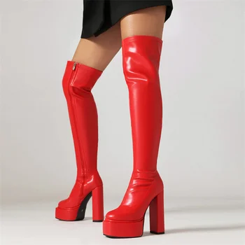 Sexy Nad Kolená Vysoké Topánky Ženy Platforme Red White Black Dlho Stehna Boot Hrubé Podpätky Zimné Tanečné Topánky Lady Veľké Veľkosť 48 Obrázok