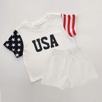 Batoľa Chlapci USA Tlač Star Prúžok T-Shirt Dieťa Dievčatá Oblečenie Nastaviť Krátkym rukávom Deti Oblečenie Športové Vyhovovali Deti Boutique Oblečenie Obrázok