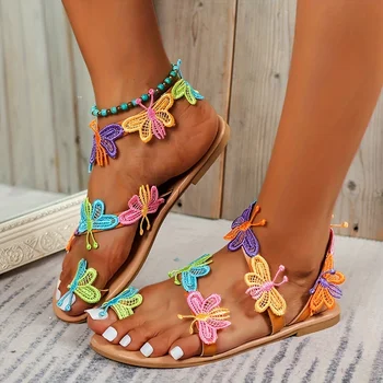 Ženy Boho Farebný Motýľ Ploché Módne Sandále Otvorené Prst protišmykových Toe Loop Topánky Príležitostné Letné Sandále Obrázok