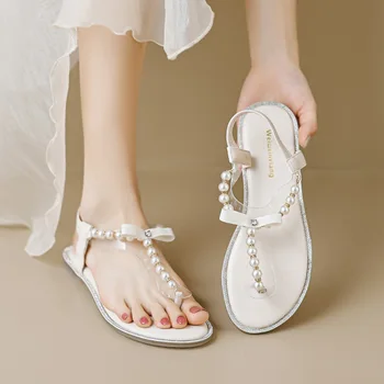 2023 Lete Žien Ploché Sandále Dámske členkové Topánky Flip Flops Fashion White Pearl Dizajn Outwear a Prechádzky Obrázok