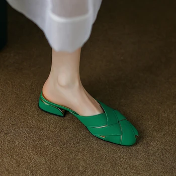 Letné Módne Luxusné dámske Topánky Nové Vysoké podpätky Tkané Bežné Jeden Papuče PU Stredne podpätky Elegantné Ženy Sandále 2023 Obrázok