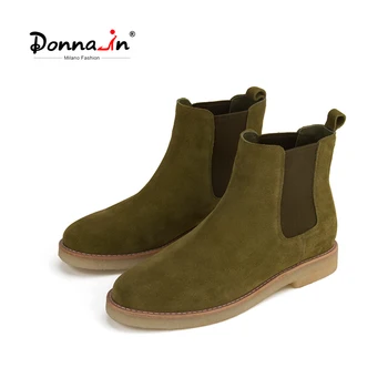 Donna-v Prírodných Semiš Spoločné Chelsea Boots Ženy Army Zelená Originálne Kožené Členkové Topánky Mäkké Jediným Ženské Topánky Krepové Jediným Obrázok