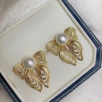 Nový Príchod Prírodné Sladkovodné Perly francúzskej Vintage Čipky Motýľ 14K Zlata Plné Ženské Stud Náušnice Šperky Pre Ženy, Darčeky Obrázok