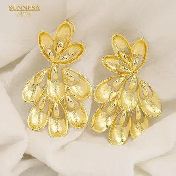 SUNNESA Leaf Design 18k Zlatom Visiace Náušnice Dubaj Šperky, Doplnky Luxusných Afriky Náušnice pre Ženy, Svadobné Obrázok