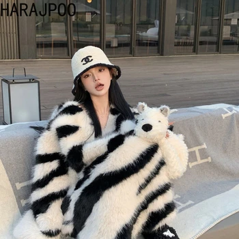 Harajpoo Zebra V-krku Pletený Sveter 2023 Jeseň Zima Ženy Beauty Pribrala Prémiový Dizajn Jedinečné Mäkké Glutinous Plyšové Top Obrázok