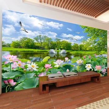 Čínsky Štýl, Foto Tapety 3D Labutie Jazero Lotus Rybník nástenná maľba Obývacia Izba Gauč TV Pozadí Dekor Nástenné Maľby Abstraktných De Parede Obrázok