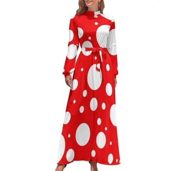 Red White Polka Dot Dress Yayoi Kusama Inšpiroval Estetické Plážové Šaty Žien Long-Sleeve Vysoký Pás Sexy Dlhé Maxi Šaty Obrázok