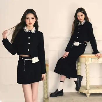 UNXX Ženy Jeseň Zima Vyhovovali Krátka Bunda Ženy kórejské Oblečenie Čierny Oblek Cardigan Kabát Riadok Swing Čierne Sukne 2 Ks Súpravy Obrázok