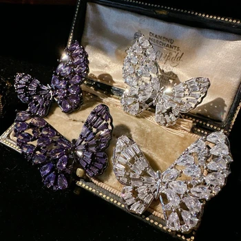 Nové Nádherné Plné Cubic Zirconia Motýľ Stud Náušnice 925 Sterling Silver Fialová Crystal Žena Elegantné Charms Ucho Šperky Obrázok