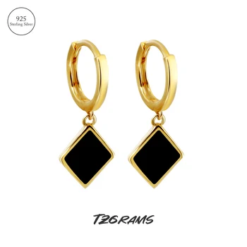TZgrams pravého Striebra 925 Geometrie Black Visieť Náušnice pre Ženy taliansky Smalt Zlaté Ucho Pracky Dizajnér Vintage Šperky Obrázok